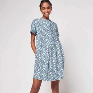 Faherty Gemina Dress Washed Floral Linen Pintuck Mini Pockets Short Sleeves S